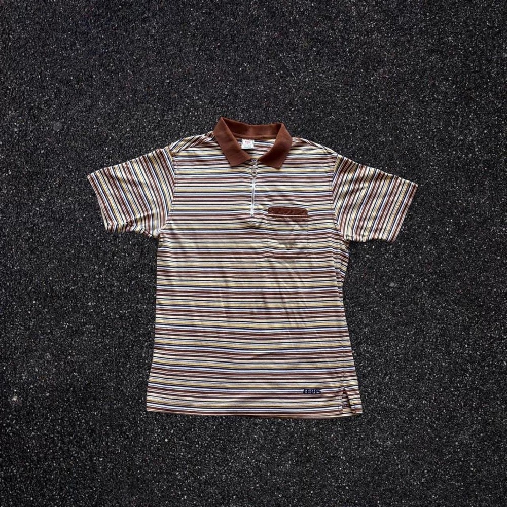 Vintage Levis Jeanswear Mens Medium Striped Quarter Zip Polo Shirt Brown Yellow